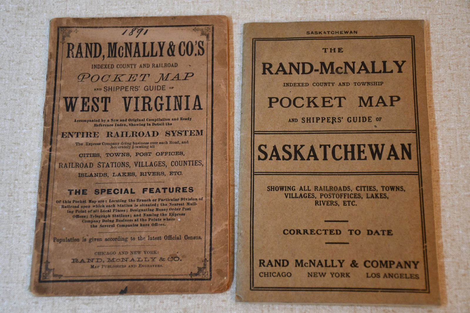 1891 Rand-McNally Pocket Map of West Virginia & Other: rated 7 & 8, 6"x4", West Virginia is slightly soiled and has wear, other is Saskatchewan date is unknown is nice.