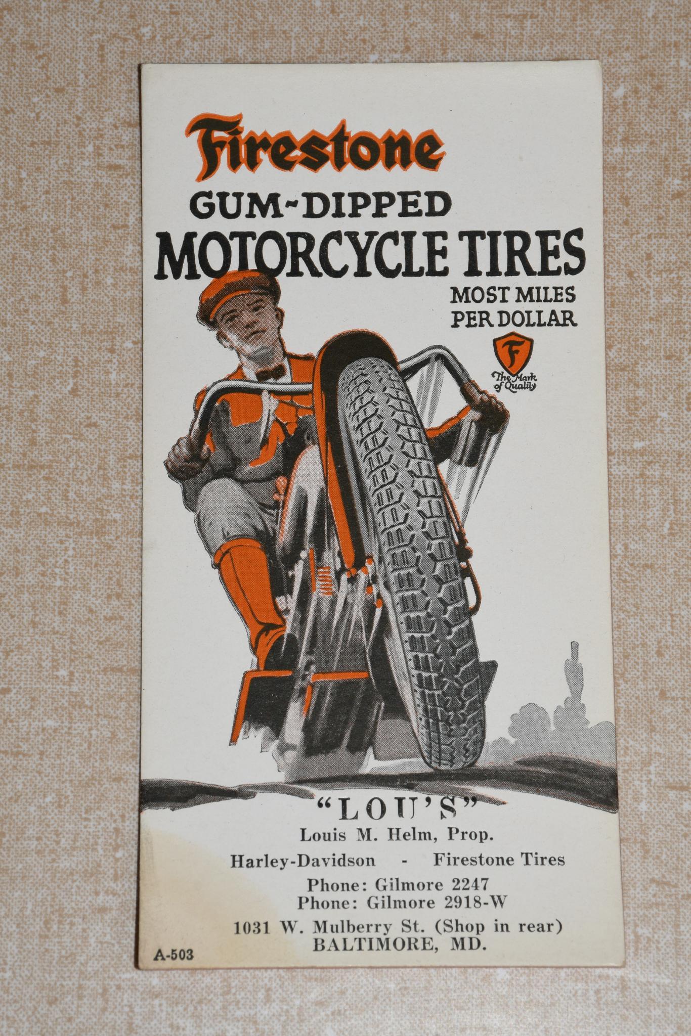 Firestone Gum-Dipped Motorcycle Tires: rated 8.5, 6"x3.25", has good color, has minor staining in the lower left-hand corner.