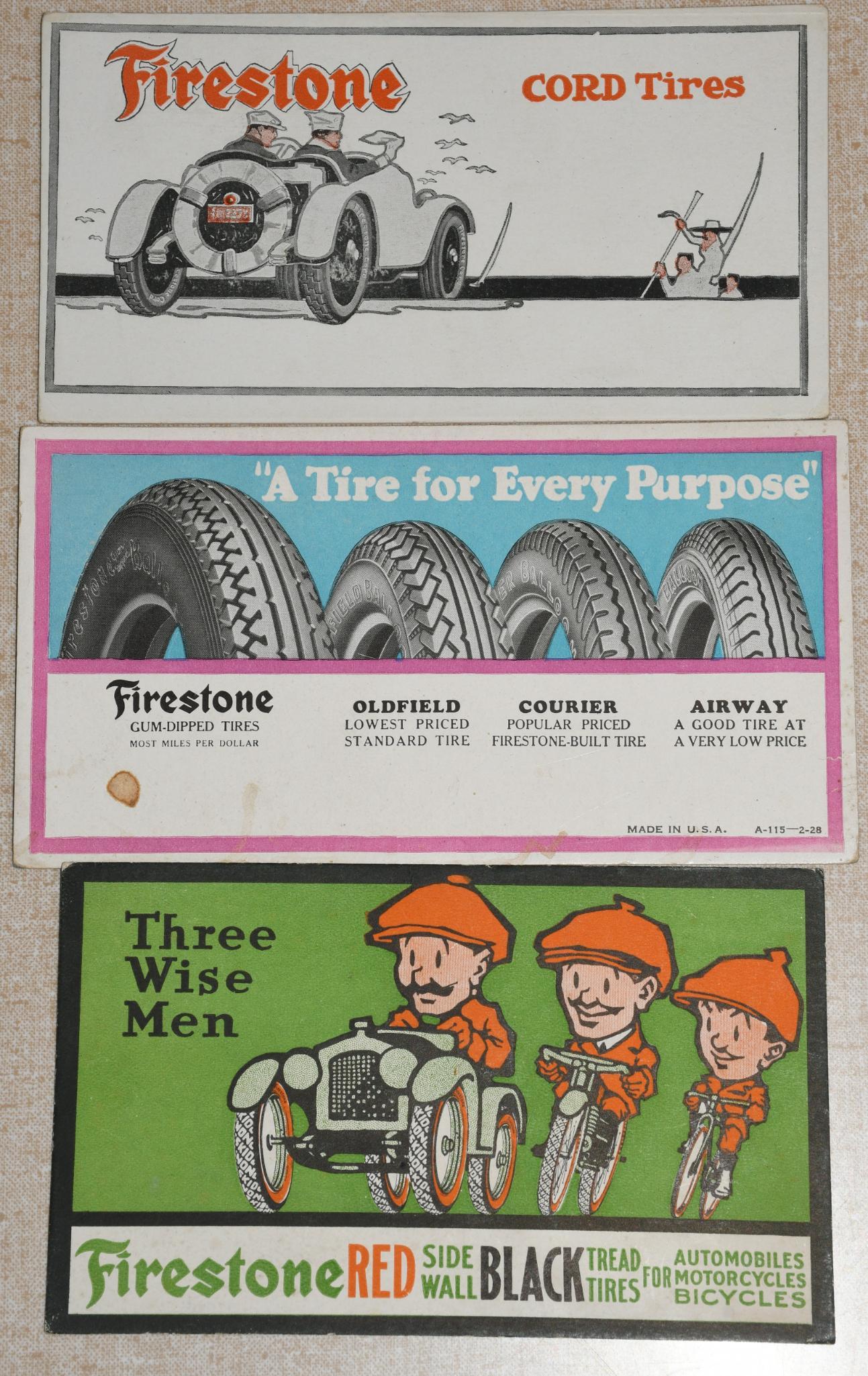 3-Firestone Tire Ink Blotters: rated 8 to 9, 3.25"x6", all have good color, light wear.