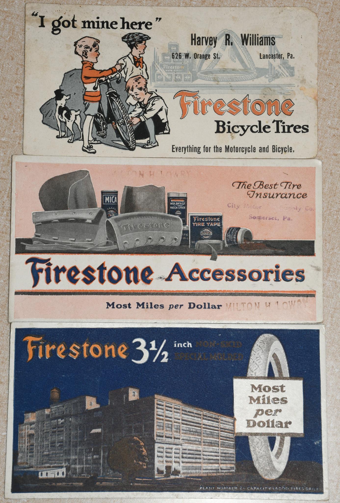 3-Firestone Tire Ink Blotters: rated 7 to 8, 3.25"x6", one is soiled, other two have good color.