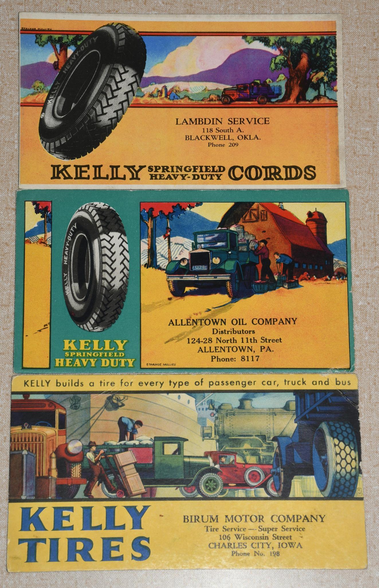 3-Kelly Tire Ink Blotters: rated 8, 3.5"x6", all have good color all have wear.