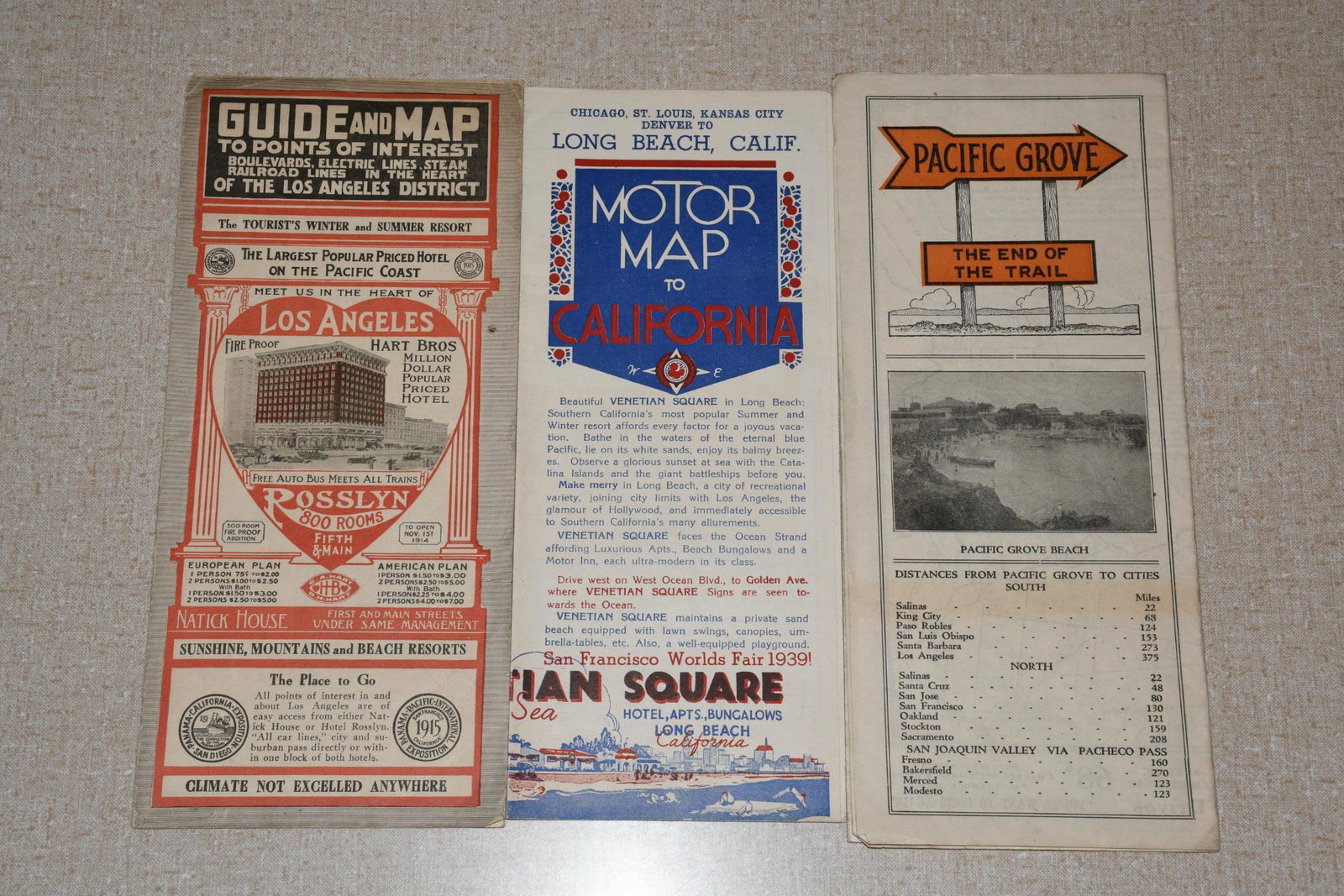 Los Angeles, Long Beach & Pacific Grove Road Maps: rated 7 to 8, 9"x4", all have good color and wear.