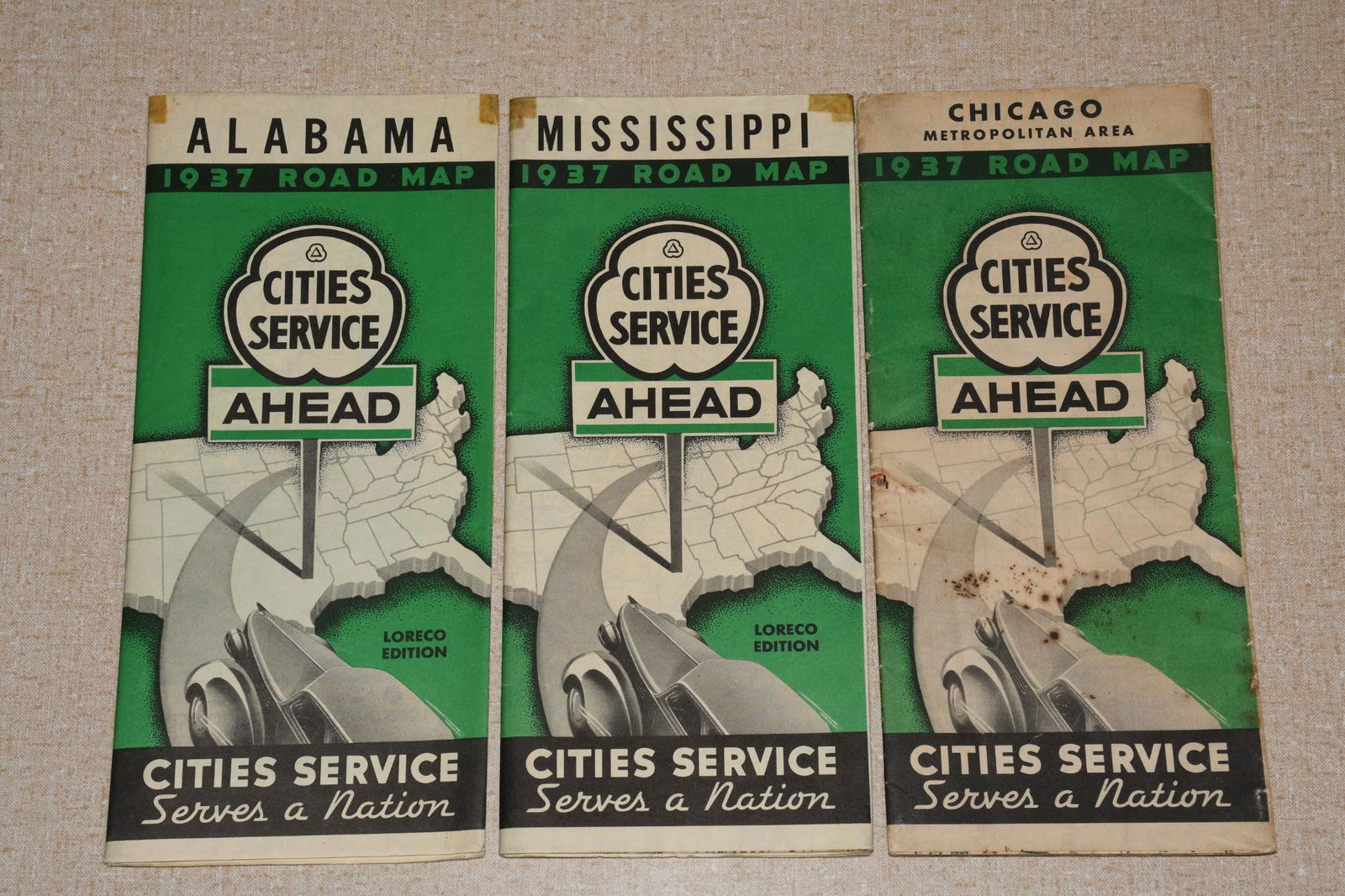 3-1937 Cities Service Road Maps Alabama, Mississippi & Chicago (1 of 2)
