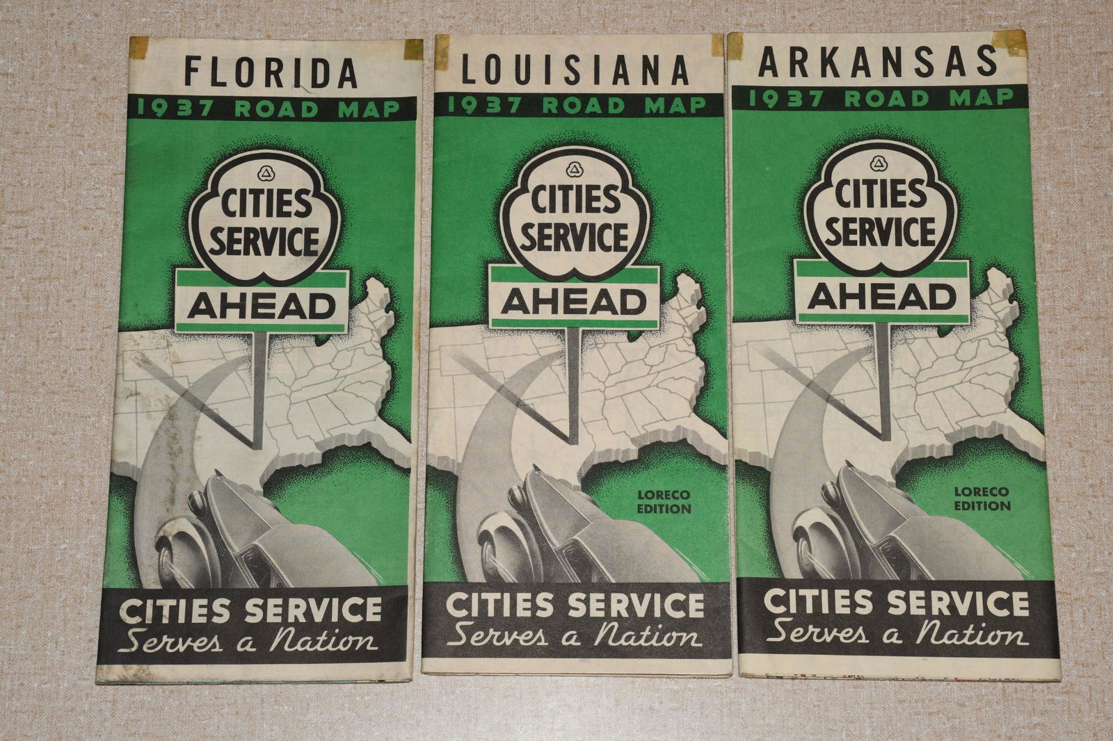 3-1937 Cities Service Road Maps Arkansas, Florida & Louisiana (1 of 2)