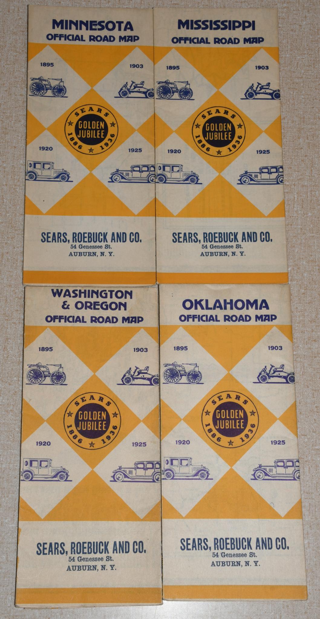 4-1936 Sears, Roebuck & Co. Road Maps: rated 7 to 8, 9"x4.5", all have good color, minor soiling, Minnesota, Mississippi, Oklahoma & Washington-Oregon