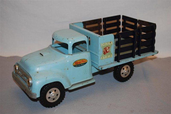 1957 Tonka Baby Blue Stake Truck, press steel, 13.5: 1957 Tonka Baby Blue Stake Truck, press steel, 13.5 inches long,