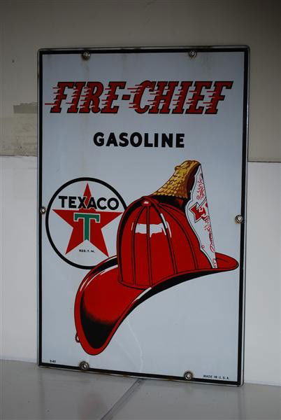 Texaco (white-T) Fire-Chief Gasoline, PPP sign, 18x1: Texaco (white-T) Fire-Chief Gasoline, PPP sign, 18x12 inches,