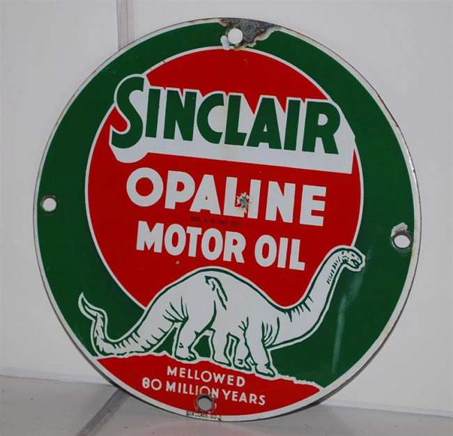 Sinclair Opaline Motor Oil Mellowed 80 Million Year: Sinclair Opaline Motor Oil Mellowed 80 Million Years, SSP sign, 11 inch,