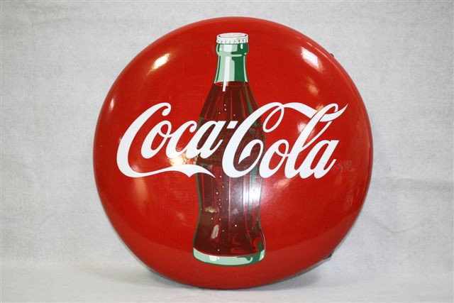 Coca-Cola with bottle logo, SSP button shape sign, : Coca-Cola with bottle logo, SSP button shape sign, 24 inches in diameter,