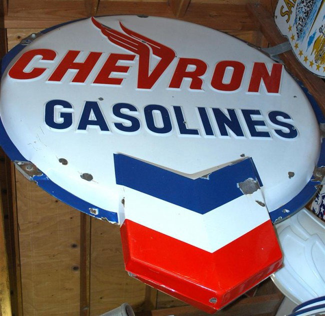 Chevron Gasoline 2-SSP embossed signs mounted back: Chevron Gasoline 2-SSP embossed signs mounted back to back, 60x48 inches,