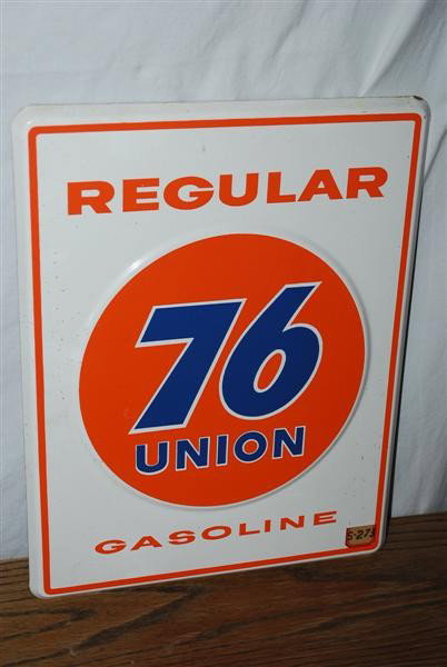 Union 76 Regular Gasoline PPP embossed sign, 18x14: Union 76 Regular Gasoline PPP embossed sign, 18x14 inches,
