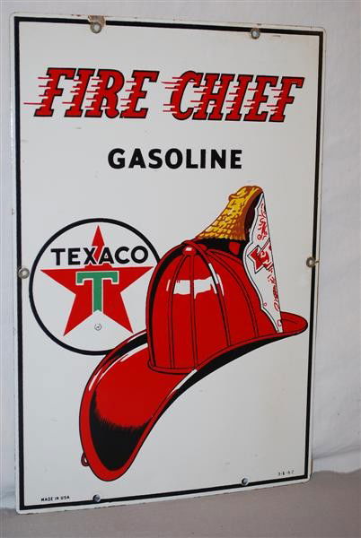Texaco (white-T) Fire Chief with helmet logo, PPP s: Texaco (white-T) Fire Chief with helmet logo, PPP sign, 18x12 inches,