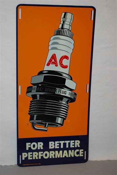 AC Spark Plugs "For Better Performance" with spark: AC Spark Plugs "For Better Performance" with spark plug graphics, SST sign, 22x10 inches,
