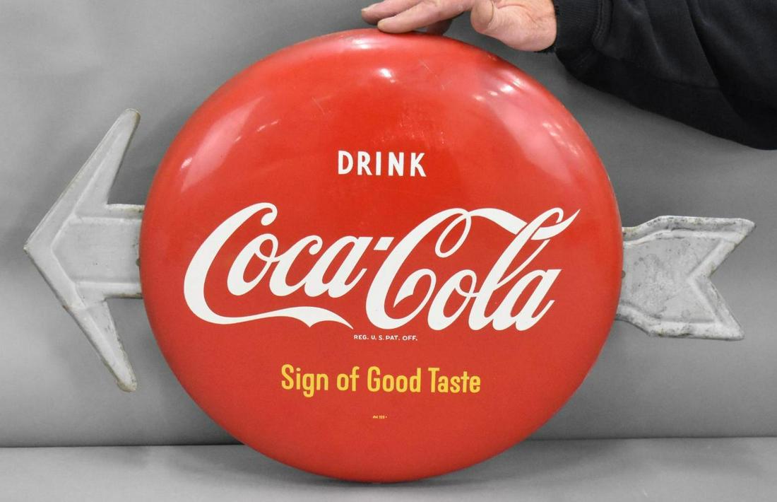 Drink Coca-Cola "Sign of Good Taste" Metal Button Sign w/Arrow (TAC) (1 of 2)
