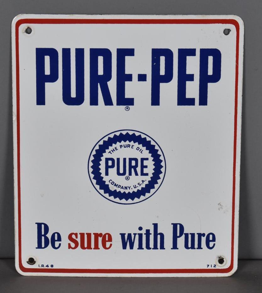 Pure-Pep w/Logo Porcelain Pump Sign (TAC): rated 9, 12"x10", SSP sign has very good color and gloss, field is clean, has tiny chips at mounting holes, marked I.R., dated 1948. TAC #0395010