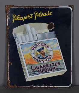 Players Navy Cut Cigarette w/Logo Porcelain Sign (TAC): rated 7.75, 19"x15", SSP rolled edge sign has good color and some gloss, has quarter size chip in the field, chips around the perimeter. TAC #039356