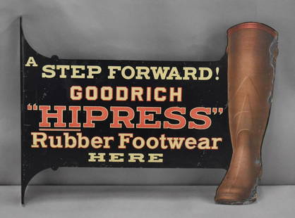 Goodrich "Hipress" Rubber Footwear Here Metal Flange Sign (TAC): rated 7.75 & 6.9, 13.5"x18", metal diecut flange sign display has good color and shine, has light wear, has more wear around the perimeter, reverse has more wear and not as bright colors. TAC