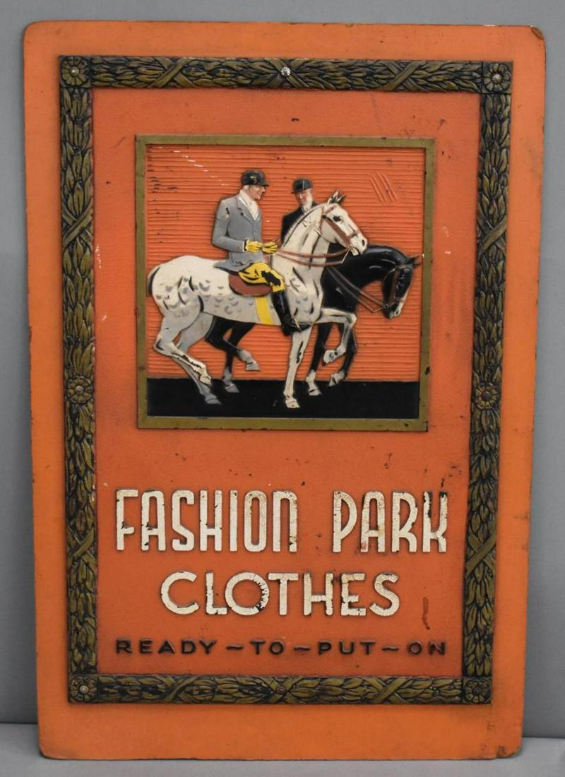 Fashion Park Cloths Masonite Sign: rated 7.5, 28"x19", single-sided Masonite sign has good color and shine, has wear and paint chips. 