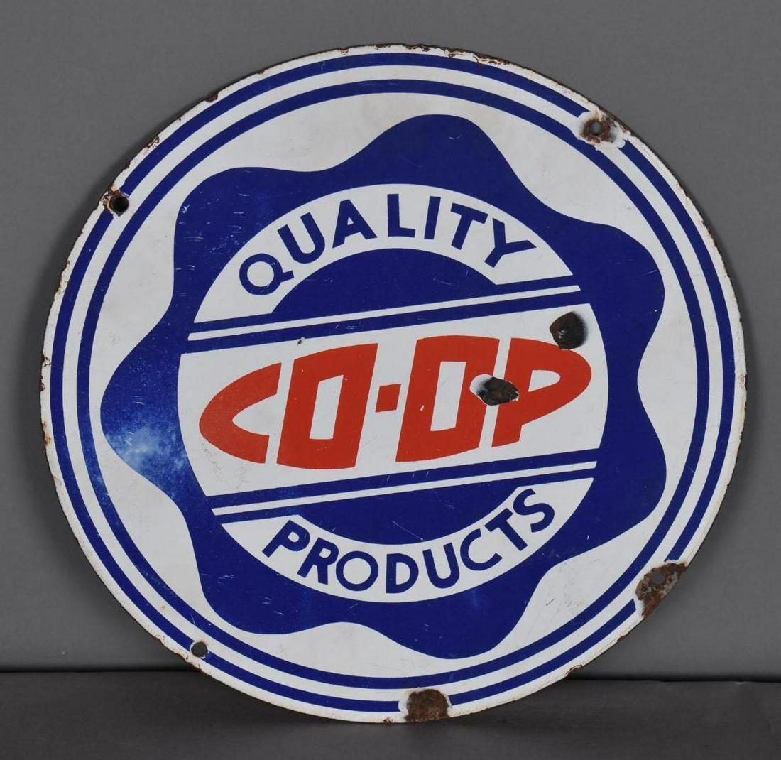 Quality Co-op Products Porcelain Sign (TAC): rated 7, 14"D., SSP sign has wear, chips and minor fading. TAC #039445