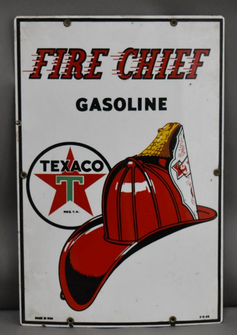 Texaco (white-T) Fire Chief Gasoline Porcelain Pump Sign (TAC): rated 9, 18"x12", SSP sign has excellent color and gloss, field is clean, has tiny chips at some of the mounting holes, dated 1959. TAC #038890