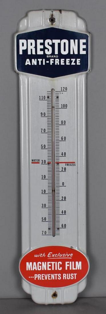 Prestone Anti-Freeze "Magnetic Film" Porcelain Thermometer (TAC): rated 8.75, 35"x8", porcelain thermometer has excellent color and gloss, tube is good, chips at mounting holes. TAC #039424