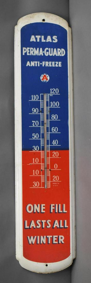 Atlas Perma-Guard Anti-Freeze "One Fill Last All Winter" Metal Thermometer (TAC): rated 8.25, 36"x8", metal thermometer has good color, tube is good, has wear. TAC #038867