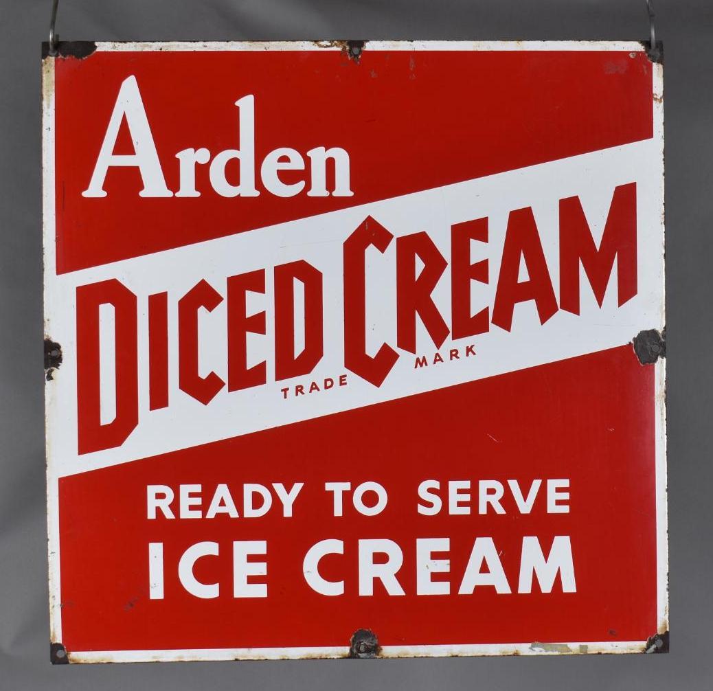 Arden Diced Cream Ready to Serve Ice Cream Porcelain Sign (TAC): rated 8.5, 24"x24", SSP sign has very good color and gloss, light wear, has chips at mounting holes. TAC #038896