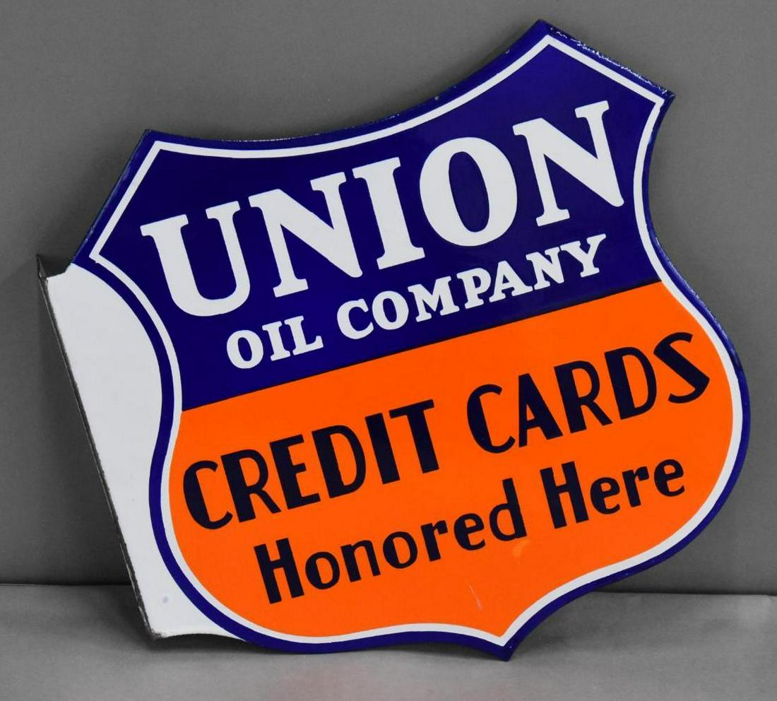 Union Oil Company Credit Cards Honored Here Porcelain Flange Sign (TAC) (1 of 4)