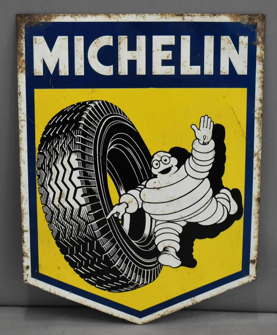 Michelin w/Bibendum & Tire Metal Sign (TAC): rated 7.5, 16.5"x12.25", SST diecut sign has good color, has rust and wear. TAC #039588