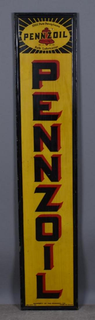 Pennzoil w/Logo Metal Sign (TAC): rated 8, 60"x12", SST self-framed wood backed vertical sign has staining in the field. TAC #039026