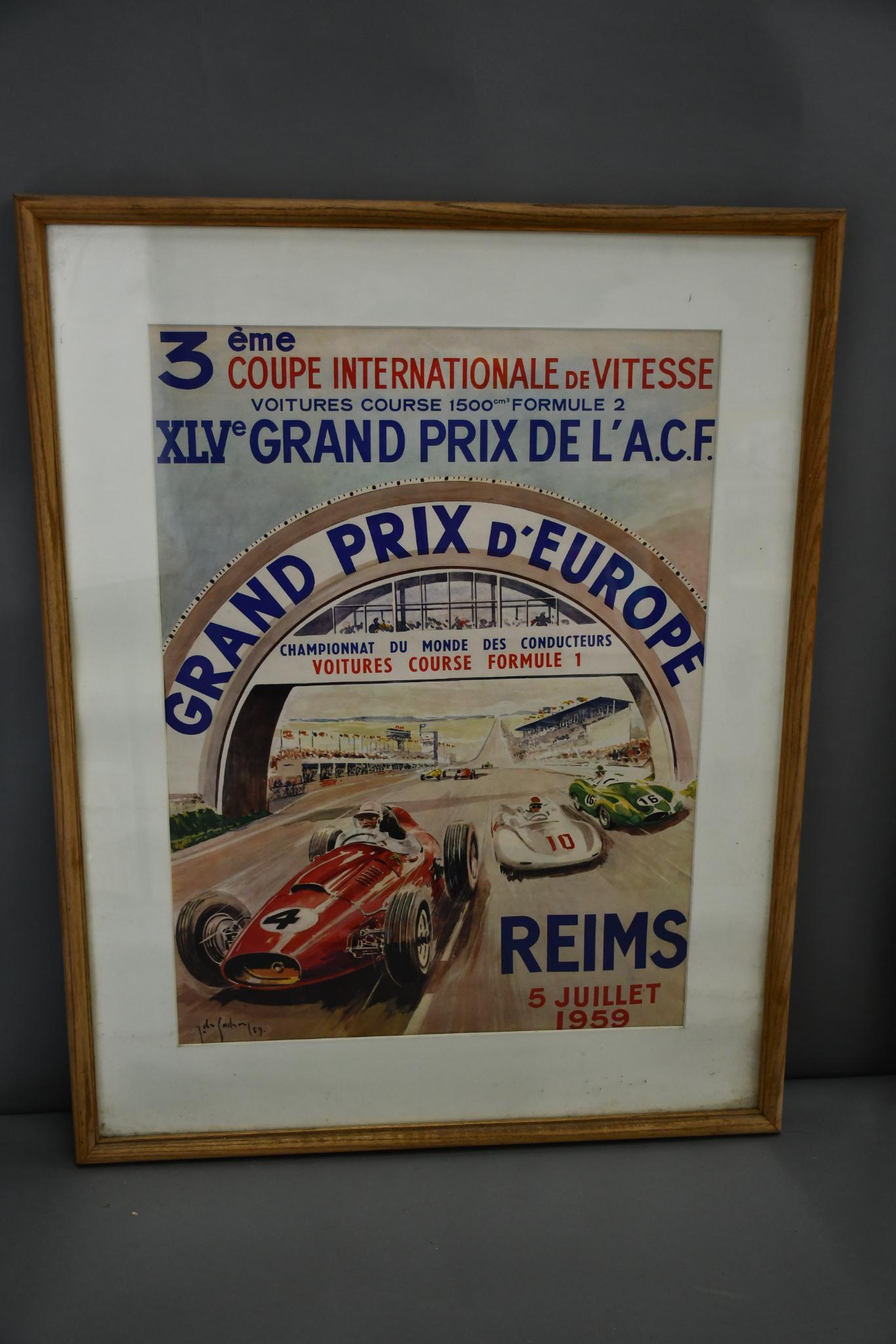 1959 Grand Prix D'Europe Reims Race Poster: rated 9, 32"x25" framed, the paper poster has excellent color and condition, has not been folded, is framed and matted under plexiglass.