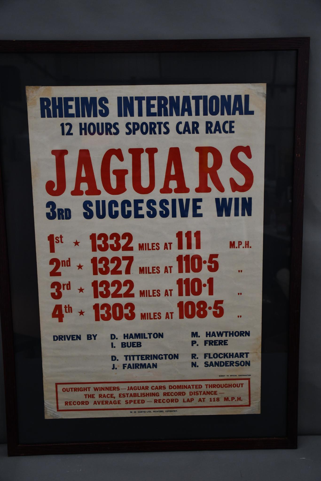 Rheims International 12 Hour Sport Car Race Jaguars 3rd Successive Win Poster (1 of 4)