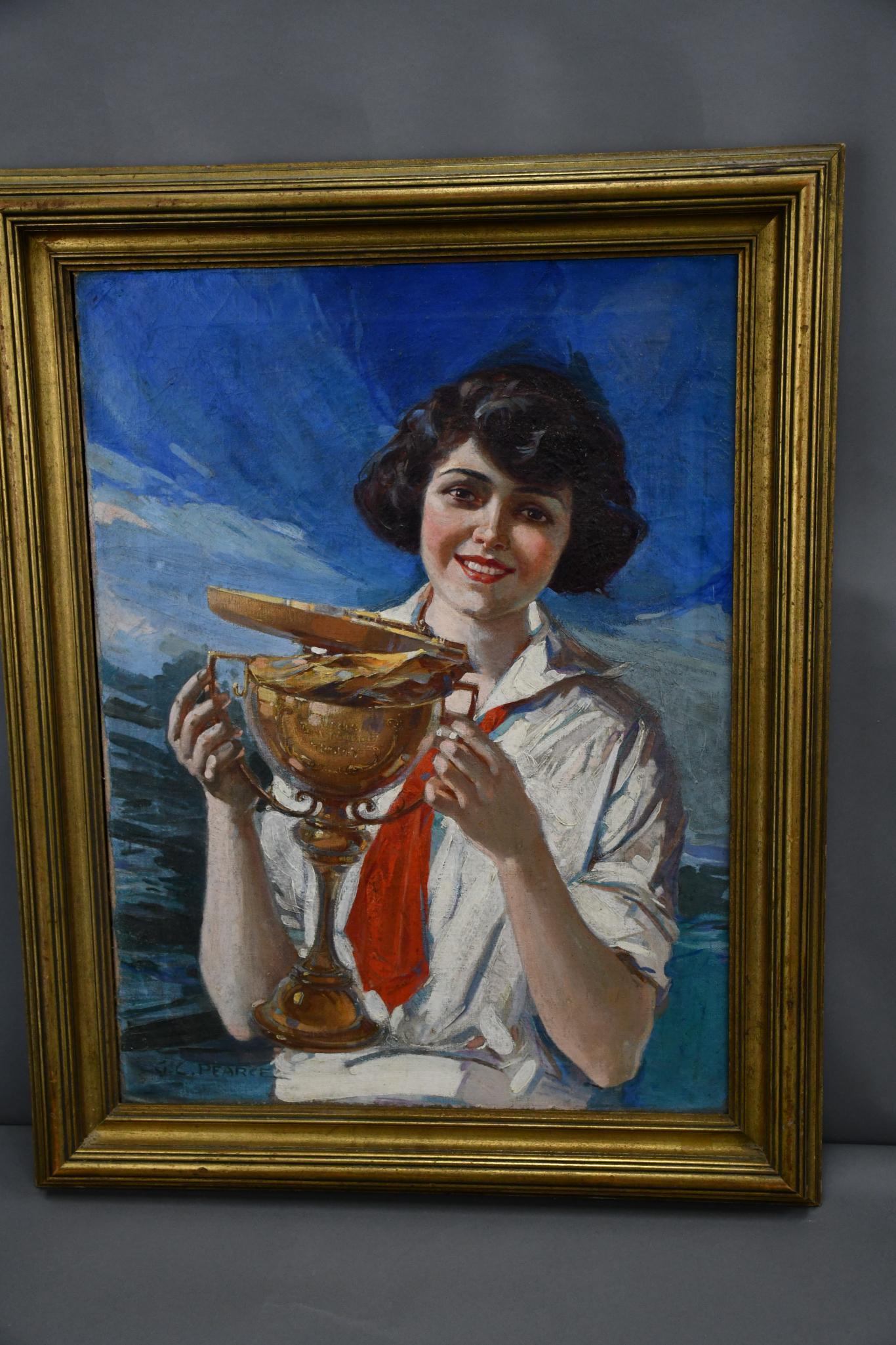 Lady Sailor w/Boating Trophy Oil on Canvas by G.C. Pearce: rated 8, 28"x21", the oil on canvas has very good color and shine, has light wear, has a few minor repairs, you can spot them after you look at the reverse side, in a period wood frame. Born in E