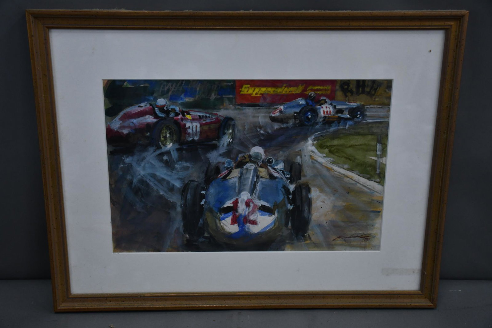 "1955 Spa. Belgium" by Walter Gotschke: rated 9.25, 19"x25" frame, gouache on paper, has excellent color and condition, is signed in the lower right-hand corner, is framed and matted under glass. Walter Gotschke 1912-2000
