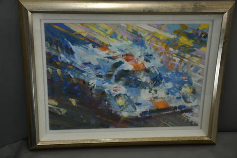 1971 Monza Winner by Peter Brown: rated 9, 21"x17" frame, acrylic on board, has very good color and condition, signed and dated 1993 in the lower left-hand corner, framed is a floating matting under glass. Peter Brown artist