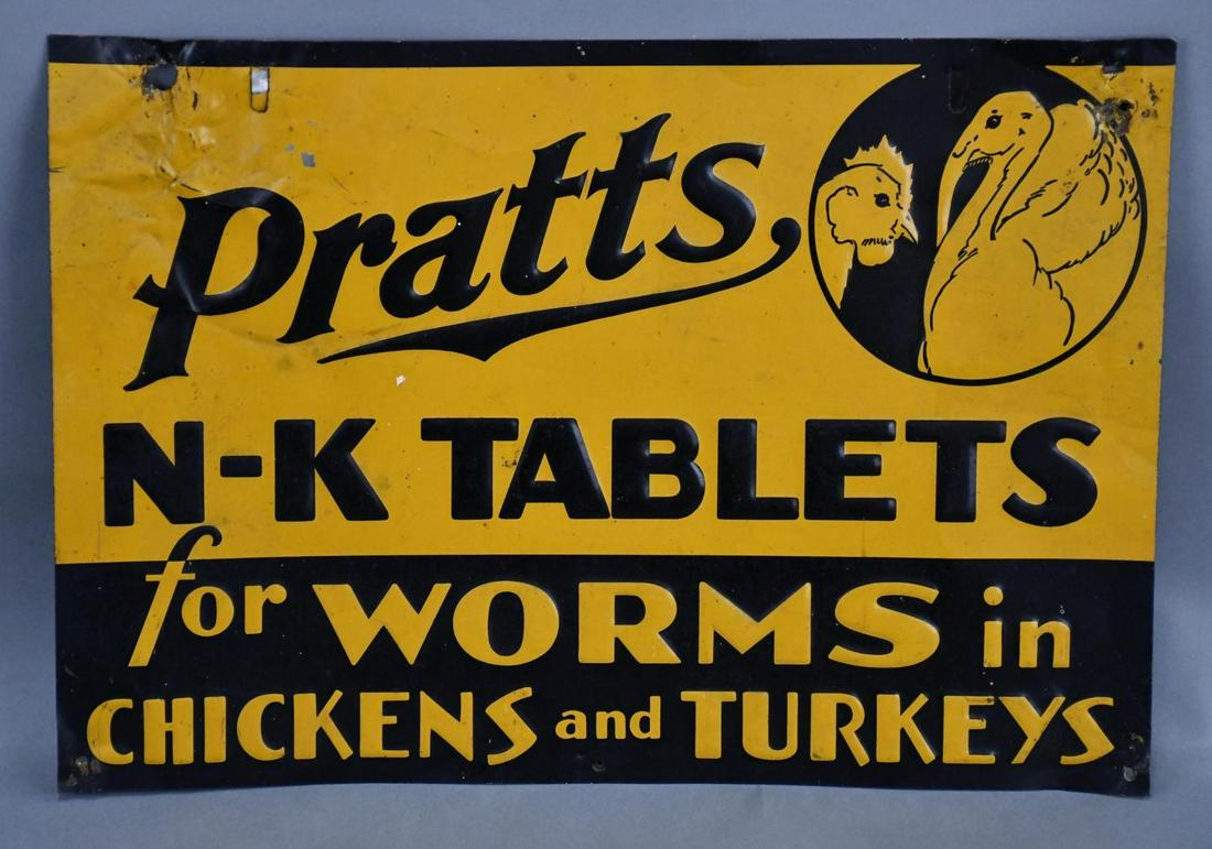 Pratts N-K Tablets for Worms Metal Sign: rated 7, 13.5"x19.5", SST embossed sign has good color and shine, has light wear, has crease in the upper left-hand corner. TAC #040329