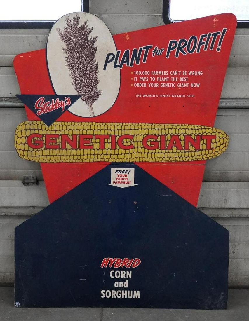 Stekley's Genetic Giant Hybrid Corn & Sorghum Masonite Sign (TAC): rated 7.25, 60"x43", single-sided Masonite wood backed sign has good color, has wear and soiling, folds in the middle. TAC #040559