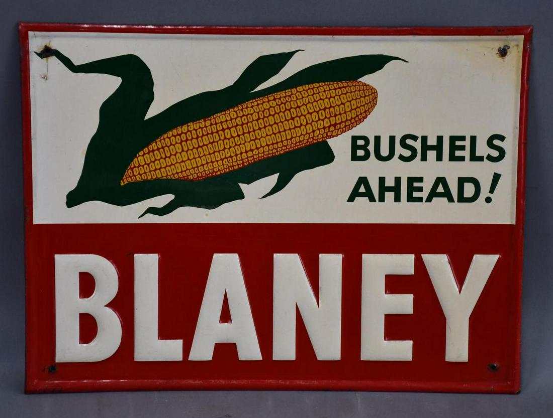 Blaney (seed corn) Bushels Ahead! Metal Sign (TAC): rated 8.5, 12"x16", SST embossed sign has good color and shine, has wear around the perimeter. TAC #040380