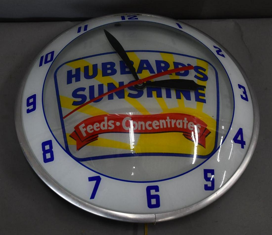 Hubbard's Sunshine Feeds-Concentrates Double Bubble Clock: rated 9.25, 15"D., the double bubble clock is in excellent condition, lights up and works, has the Advertising Products decal on back.