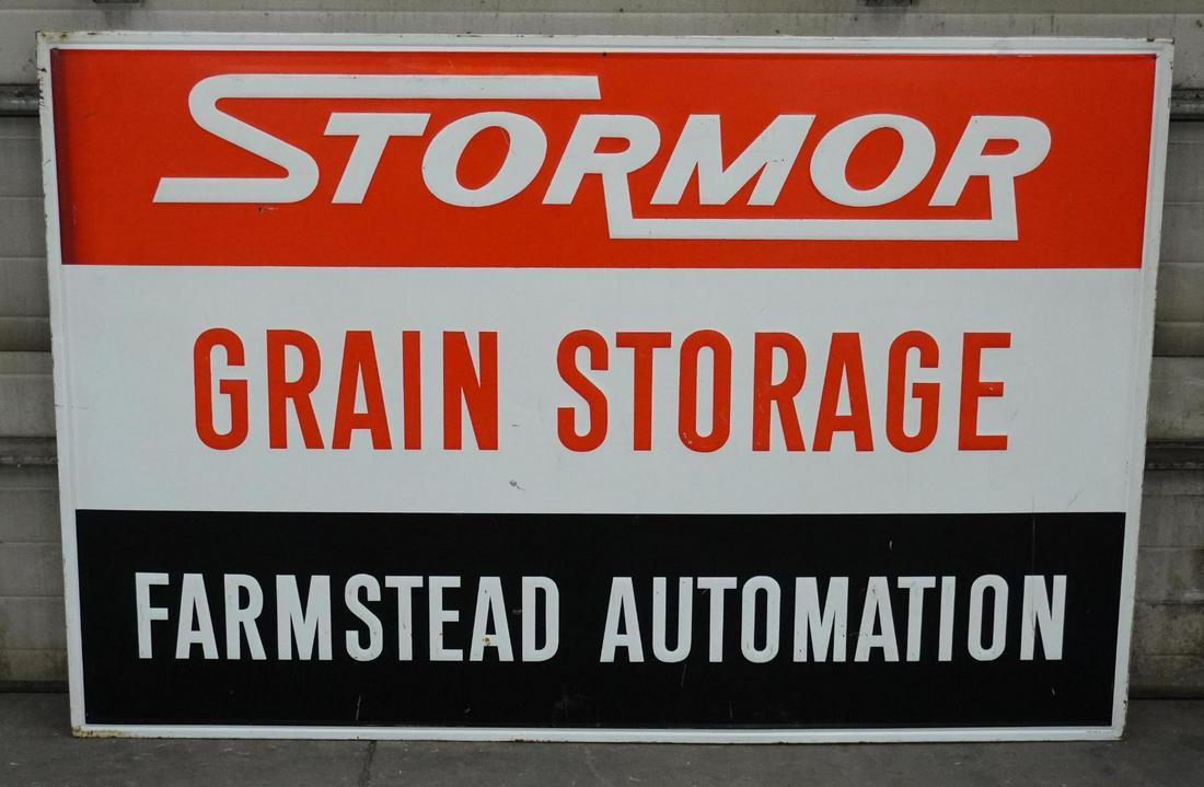 StorMor Grain Storage Metal Sign: rate 8.75, 46" x 70", Single Sided Metal Sign w/ original wood backing, nice color and shine