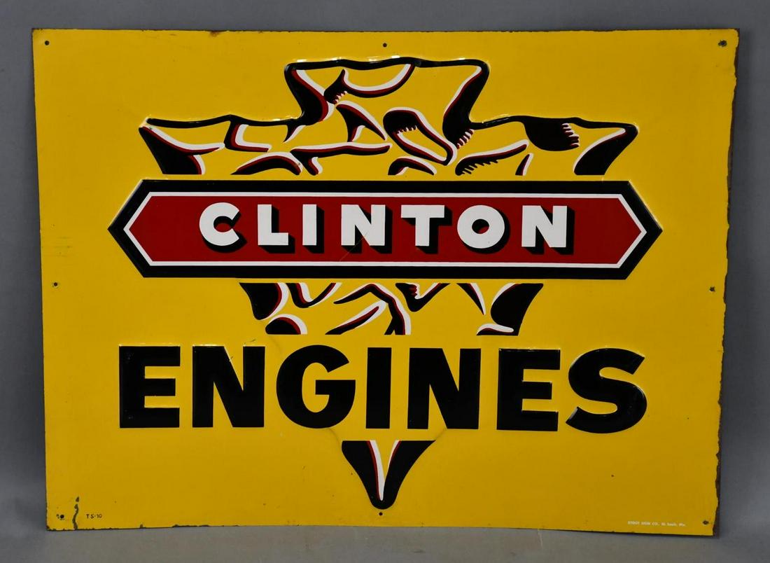Clinton Engines w/Logo Metal Sign (TAC): rated 9, 17.75"x23.75", SST embossed sign has excellent color and shine, has light wear, marked Stout Signs Co. TAC #040377.
