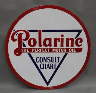 Polarine "Consult Chart" Porcelain Sign: rate 9+, 30" Diameter, Double sided porcelain sign w/ excellent color and gloss, shows minute to chipping to one mounting hole and a few edge nicks, the is one of the nicest examples you will find of