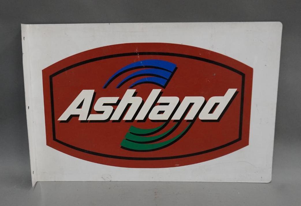 Ashland (Oil & Gas) Metal Flange Sign: rate 8.5, 12" x 18", Double Sided Painted Metal Flange w/ original Ashland Logo Decal. Unique Flange