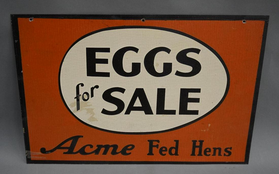 NOS Acme Eggs for Sale Metal Sign: rate 8.5, 12" x 18", Double Sided Painted Metal Sign, NOS Condition, Cool Sign