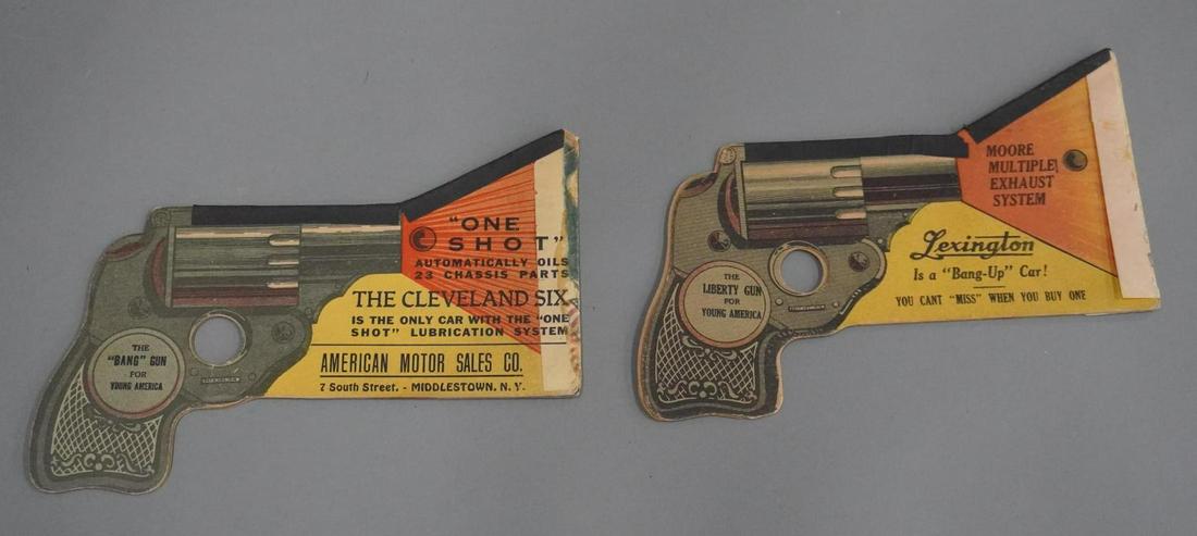 Lot of 2 Car Company Di-Cut Cardstock Gun Advertising: 8" x 7", Each one has nice patina. Cool