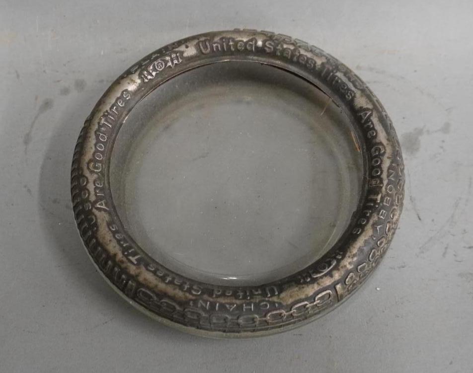 U.S. Tires Metal & Glass Ash Tray: 6" Diamater