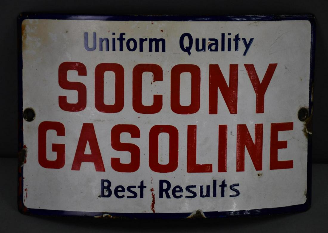 Uniform Quality Socony Gasoline Porcelain Sign: rated 7, 7.5"x11", SSP curved sign has good color, not much gloss, has rust staining.