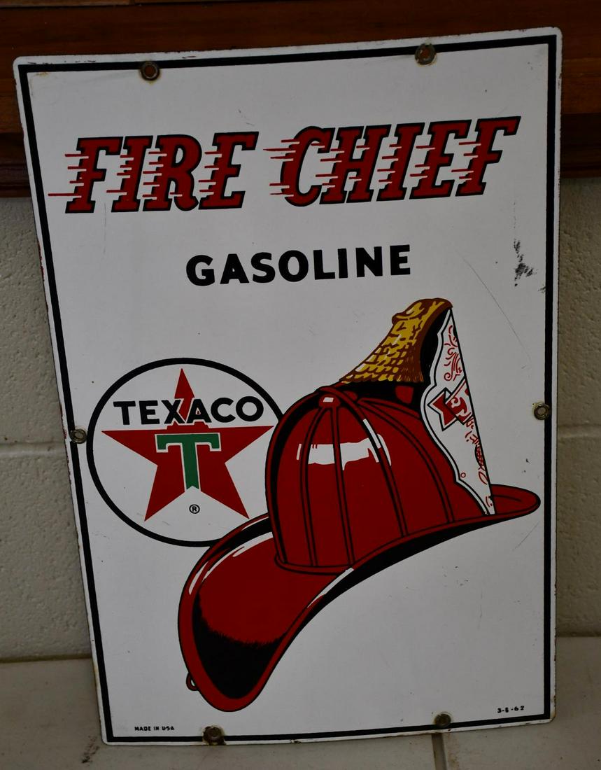 Texaco (white-T) Fire Chief Gasoline Porcelain Pump Sign (TAC): rated 9, 18"x12", SSP sign has excellent color and gloss, dated 1962. TAC #041480