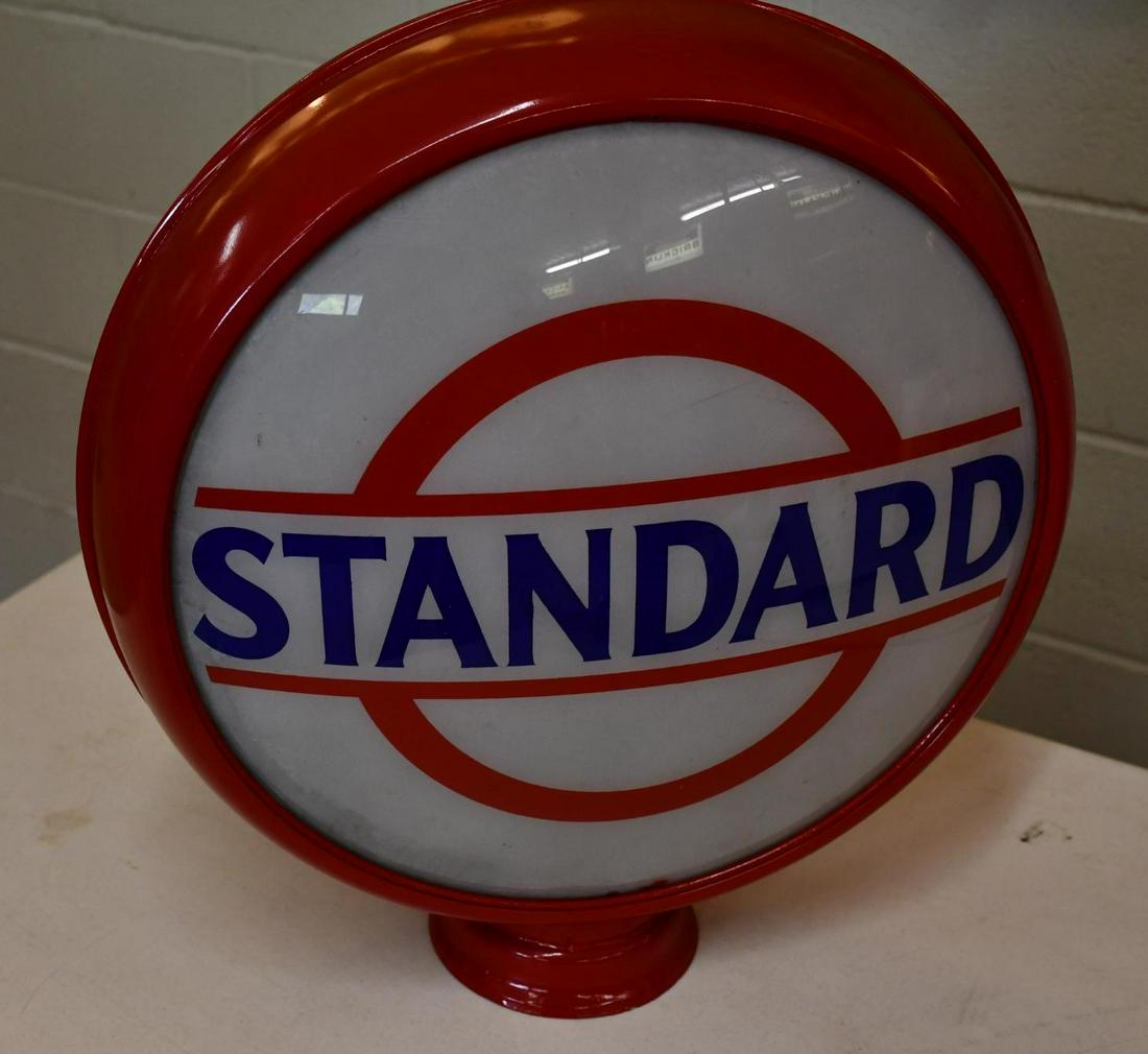 Standard w/Bar & Circle Logo 16.5" Globe Lenses: rated 9.5 & 9, 16.5"D., both lenses have excellent color, reverse has tiny paint chip at bottom point, mounted in an original HP metal globe body.