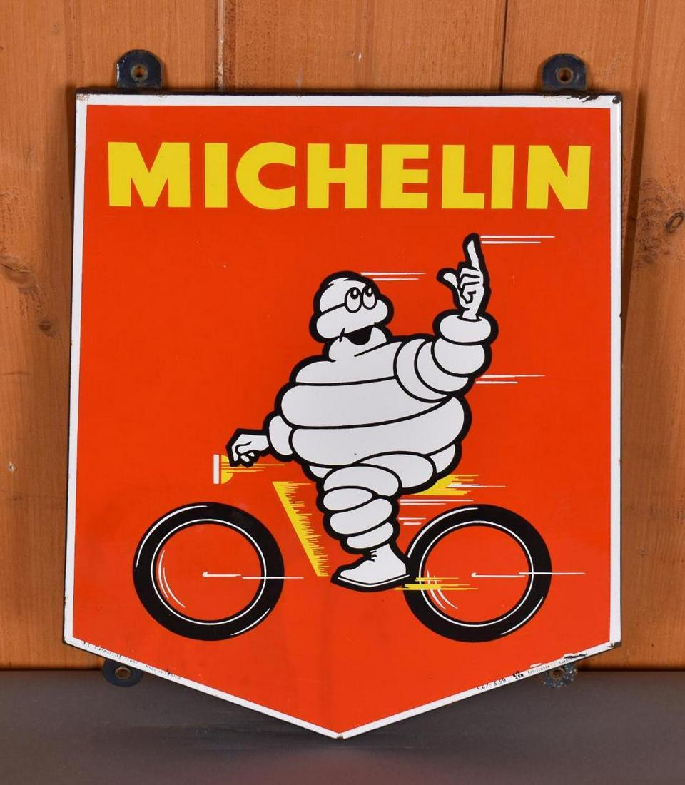 Michelin w/ Bibendum Riding a Motorcycle Porcelain Sign (TAC) (1 of 4)